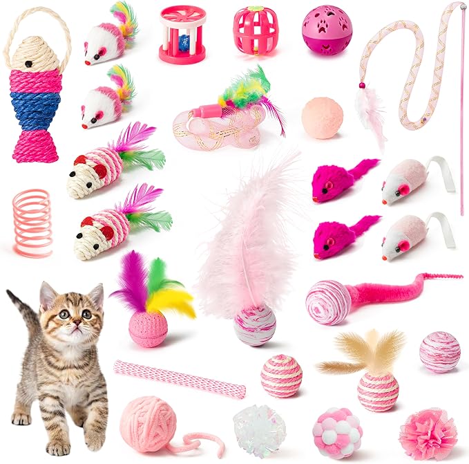 MALLMALL6 Cat Toy Set Interactive Cat Toys 27Pcs Pack Stuff Pink Feather Teaser Wand Springs Mice Sisal Fish Crinkle Balls Bell Balls, Puzzle Pack for Indoor Kitty Play Exercise by MALLMALL6