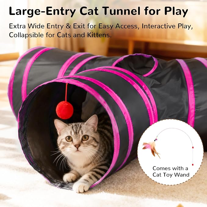 Tempcore Cat Tunnel for Indoor Cats, 3 Way Collapsible Pet Play Tunnel with Teaser Wand, Peek Holes & Hanging Ball, Interactive Tube for Kittens & Rabbits, Black & Rose Red - Image 3