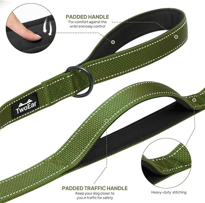 Twoear 4FT 1IN Heavy Duty Dog Leash for Large Dogs with 2 Padded Handles | Traffic Handle Extra Control, Auto Lock Hook, Strong Reflective Walking Leash for Night Safety, Medium and Large Breeds,Green - Image 4