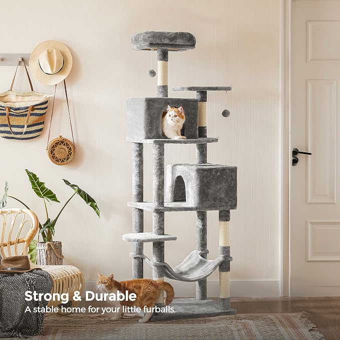 Feandrea Cat Tree, 73.2-Inch Cat Tower, Multi-Level Condo, Light Gray | with 5 Scratching Posts, 2 Perches, 2 Caves, Hammock, 2 Pompoms for Indoor Cats, Easy to Assemble, UPCT191W01 - Image 9