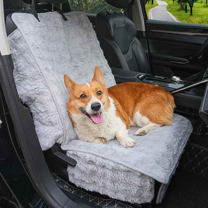 Dog Car Seat Cover, Waterproof Plush Pet Seat Protector, Gray, Front Seat | Faux rabbit fur, waterproof layer, non-slip silicone backing, side flaps, machine washable, fits most cars and SUVs by AEEISHOMEREFORM