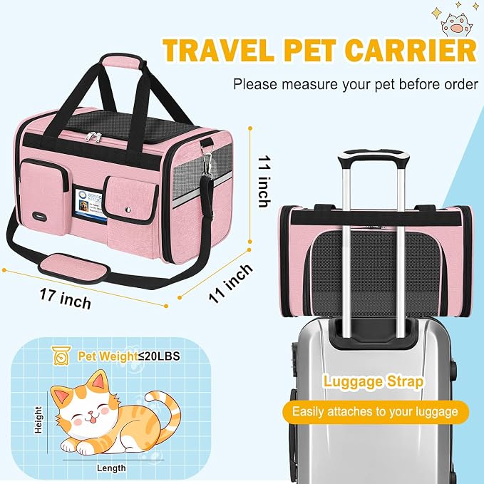 HUANLANG Large Cat Carrier Soft Sided Travel Pet Carrier Airline Approved | Dog Carriers for Small Dogs Medium Cats,Collapsible,3 Storage,zipper lock,Reflective strips,Luggage Strap, Up to 15 L,Pinkbs - Image 5