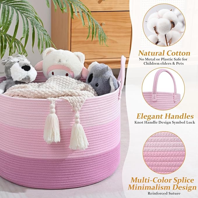 67L Large Woven Blanket Basket, Cotton Rope Baby Laundry Hamper with Handles, Kids Toy Basket for Classroom & Nursery, Soft Round Stuffed Animal Storage, Dog Toy Bin - 20"x13", Pink - Image 3