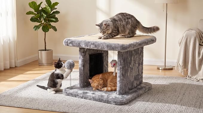 Large Cat Bed with Scratching Post and Combing Board, Sturdy and Durable, Ideal for Small Breeds | Large plush cat tunnel with a removable sisal scratch pad, grooming brush, hanging toys, and spacious hideaway for cats. - Image 7