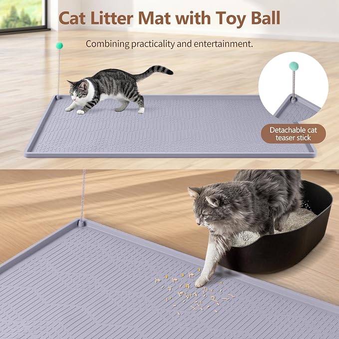Silicone Cat Litter Box Mat 34'' x 22'' Cat Mat with Toy, Grey | Extra Large Litter Mat with lip, Non-Slip Waterproof Cat Litter Mat Litter Trapping Mat for Floor, Easy to Clean - Image 4