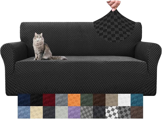 YEMYHOM Couch Cover Latest Jacquard Design High Stretch Sofa Covers for 3 Cushion Couch, Pet Dog Cat Proof Slipcover Non Slip Magic Elastic Furniture Protector (Large, Black Checkered) by YEMYHOM