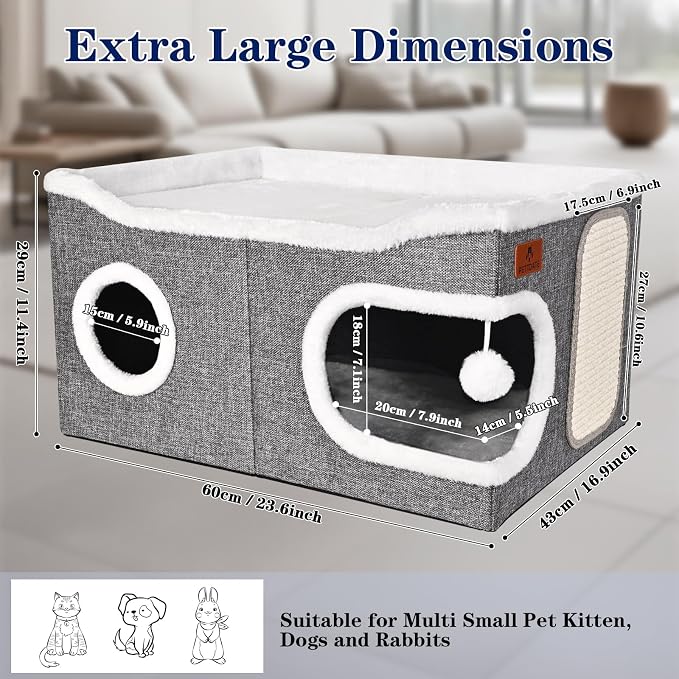 Extra Large Cat Beds for Indoor Cats, Covered Cat Cave Beds & Furniture with Scratch Pad and Fluffy Ball, Foldable Cat Condo Hideaway with Reversible Cushion for Multi Small Pet Large Kittens, Grey - Image 2