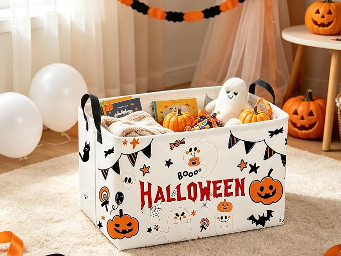 Sanjiaofeng Rectangular Halloween Ghost Storage Basket,Halloween Basket.Cute Baskets for Room Decor, Pumpkin Baskets with Handles.Books Bins,Gifts Box(White Ghost) - Image 5