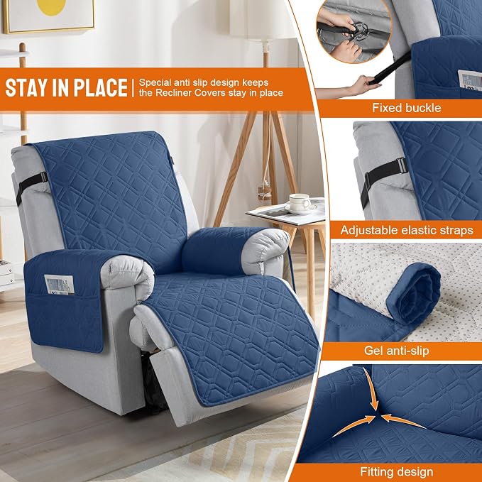 VANSOFY 100% Waterproof Recliner Chair Covers Washable, Ocean Blue, 20" | Non-Slip, Slipcover with Pocket, Furniture Protector, Elastic Straps, Chair Cover for Pets, Dogs - Image 3