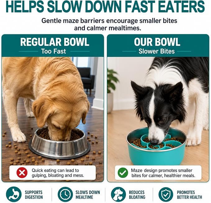 Large Dog Bowl 8 Cups Stainless Steel with Slow Feeder Insert and Lick Mat Storage Lid, 3-in-1 Non-Slip Pet Bowl for Kibble, Wet Food,Travel - Image 2