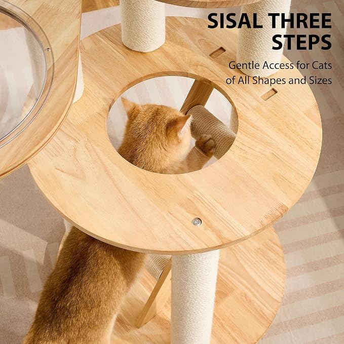 Solid Wood Cat Tree Tower with Scratching Post, 61 Inches Tall Cat Towers with Capsule and Condo, Modern Cat Tower with Hammock and Removable Top Bed for Indoor Cats.White - Image 7