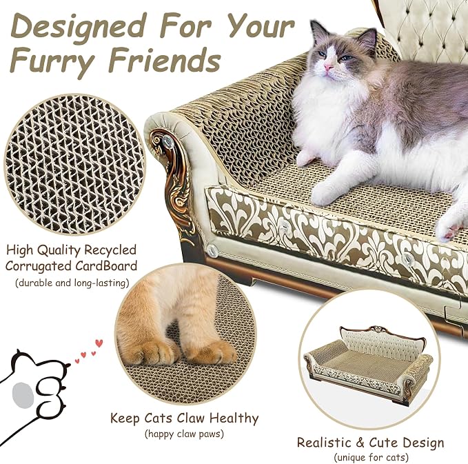 Luxury Cardboard Cat Scratcher Sofa Bed, Couch Shaped Scratching Board, Scratch Lounge with Catnip, Scratcher for Indoor Cats Large Grey - Image 2