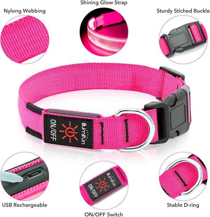 Illumifun Rechargeable LED Dog Collar, Waterproof Light Up Dog Collars Glow in the Dark, Adjustable Safety Collar Light for Dogs Walking Camping (Pink, Medium) - Image 3