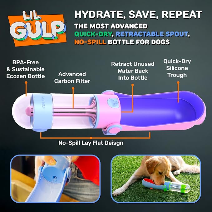 Lil Gulp Dog Water Bottle 15 Fl oz Filtered Portable Travel Bottle (Blue) | Advanced Carbon Filtration for Safe Filtered Water on the Go, BPA-Free, Leak-Proof, Retractable Spout, Walks, Hiking, Camping - Image 2