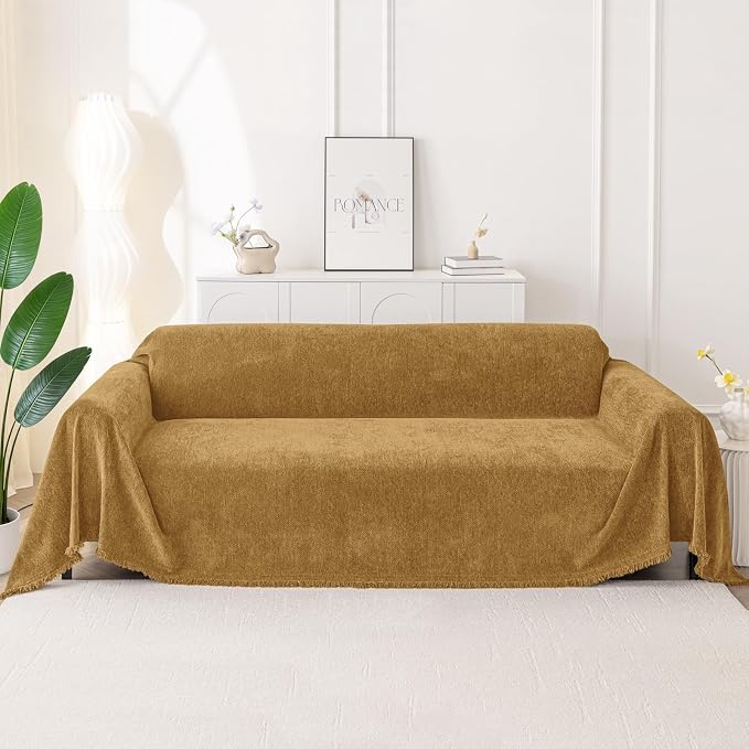 Smiry Couch Cover for Dogs, Chenille Sofa Covers for 3 Cushion Couch | Washable Soft Sofa Slipcover for Pets, Thick Sectional Furniture Protector with Tassels (Yellow, 71x134 Inch) - Image 10