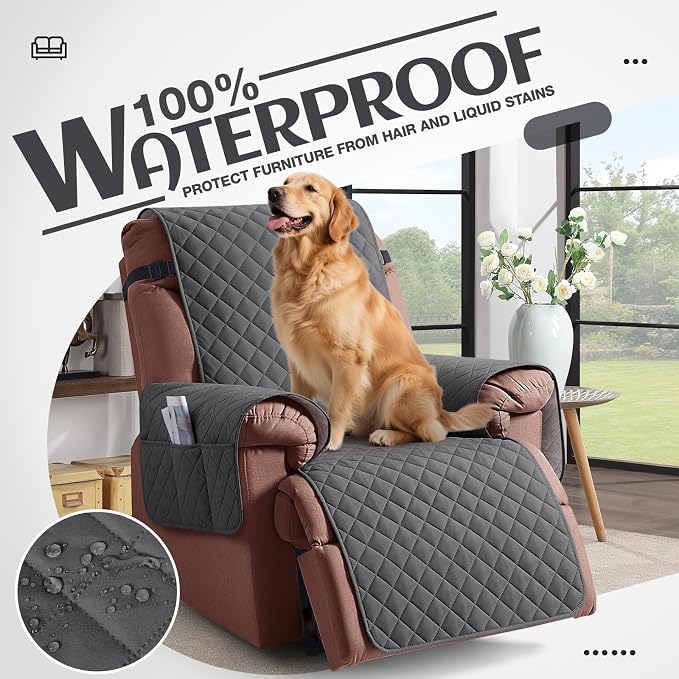 KinCam 100% Waterproof Recliner Chair Covers Washable, 23.6", Charcoal Gray | Anti Slip Reclining Couch Covers for Pets Dog, Recliner Sofa Slipcover Storage Pocket, Furniture Protector with Elastic Strap - Image 3