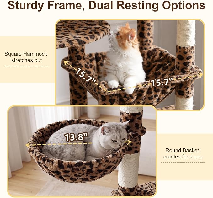 Heybly Cat Tree, 76-Inch Tall Heavy Duty Cat Tower for Big Cats HCT039BW | Multi-Level Large Cat Furniture with Extra Wide Baseboard, 2 Condos & 2 Hammocks, 10 Scratching Posts, Leopard Print - Image 7