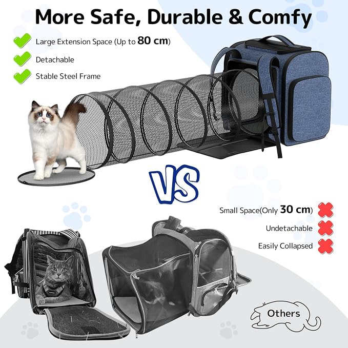 Pawtners Cat Backpack with Play Tunnel, Design for Carrying Playing Blue | Expandable, Foldable, Breathable, Large Space, Durable, Perfect for Cat Small Dog, Travel Hiking Camping Walking Car - Image 3