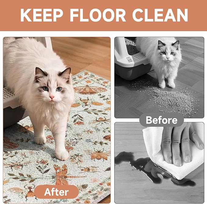 Cat Litter Mat, 24" x 16" Litter Mat, Traps 100% Cat Litter, Non-Slip Litter Box Trapping Mat, Cute Decor Litter Mat, Easy Clean for Scatter Control, Waterproof Urine Protection - Image 3