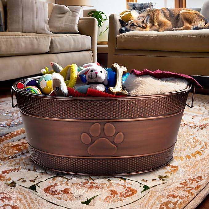 BREKX Copper Metal Dog Toy Storage Bin, Indestructible, Large | Toy Box, Blanket & Leash Organization • Handles - Image 6