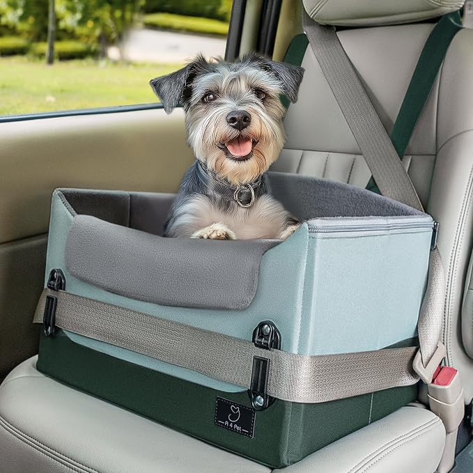 A 4 Pet Dog Booster Car Seat, Under 25 lbs, Patent Buckles | Clip-on safety leash, portable, pet travel carrier, fits most cars by A4PET