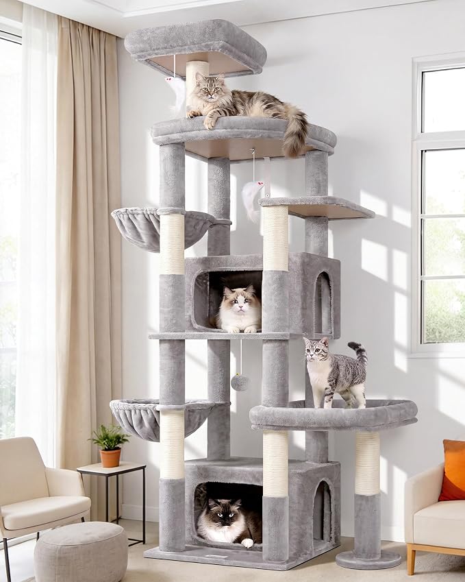 Globlazer 75in Sturdy Cat Tree Tower for Indoor Large Cat, S75, Light Grey | Multi-Level Heavy Duty Cat Tower with Scratching Post, Oversized Condos & Perches for Big Cats, Large Baskets, Enlarged Base by Globlazer