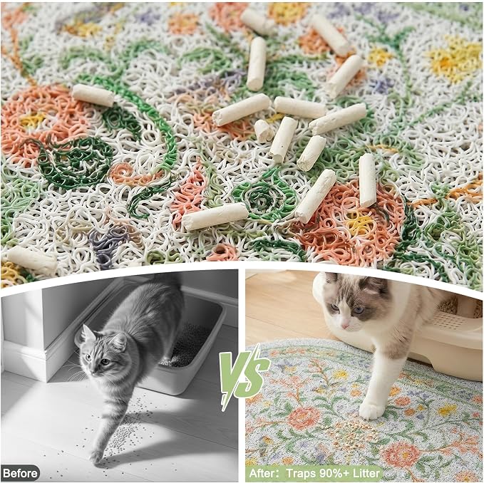 Bienbee Cat Litter Mat, 33" x 22" Large Size Litter Box Mat Rug with Non-Slip Bottom,Urine and Water Proof, Easy to Clean Cat Supplies Essentials for Indoor Kitty Kitten Floor,Pastel Floral L - Image 2