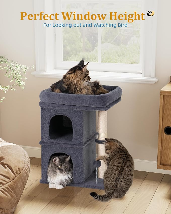 Aechonow Cat Tree for Large Cat,2 Cozy Cat Condo House for Large & Fat Cats | 19x16.5" Large Cat Perch, Cat Tower for Indoor Cats with 24" Long Scratching Post, Dark Gray - Image 6