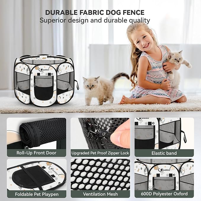 Siedihit Dog Cat Playpen, Puppy Pet Playpen Indoor for Small Dog Crate Tent | Cage Outdoor, Portable Pop Up Dogs Enclosure Kennel with Carrying Case for Dogs/Cats/Rabbits (Cute, Small) - Image 7