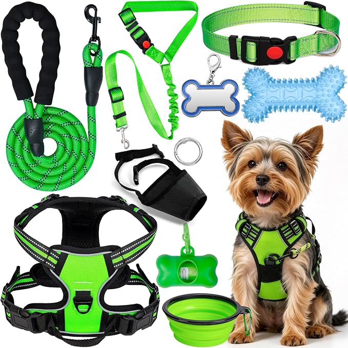 No Pull Dog Harness Adjustable Collar & Leash Set - Dog Halter Harnesses Collapsible Bowls & Poop Bag Dispenser Muzzle ID Tags Toys Fits Small Medium Large Dogs (Green-S) by Unknown