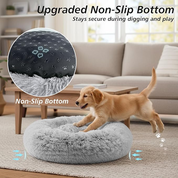 JOLLYVOGUE Calming Dog Bed for Small Dogs - 23 inches Donut Washable Small Dog Bed for Kittens & Puppies, Anti-Slip Round Fluffy Plush Faux Fur Cat Beds (Fits up to 25 lbs Pets, Grey) - Image 5
