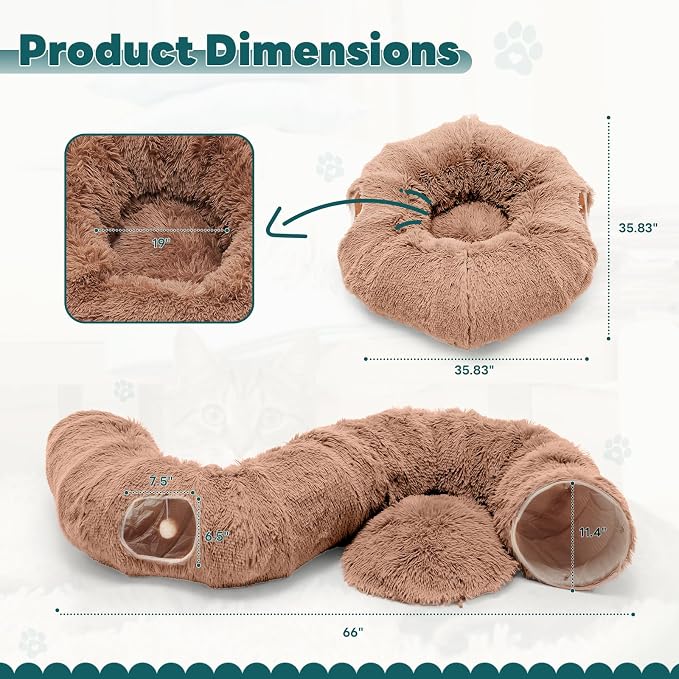 DUMOS Cat Tunnel Bed for Indoor Cats, Cave Donut Play Tunnel, Modern Brown | Soft Plush Peekaboo, Washable Circle Cushion, Multifunctional Playground Under Tree Toys for Kittens, Puppy, Rabbit, Ferret - Image 5