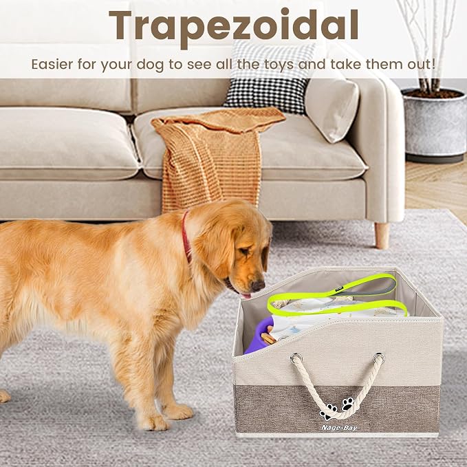 Large Dog Toy Basket with Handle, Foldable Dog Toy Box for Living Room Area , 20" Basket for Dog's Supplies, Organizer and Storage with Hard Board, Anti-Slip for Pet Toys (Brown, Medium 20"×15") - Image 3