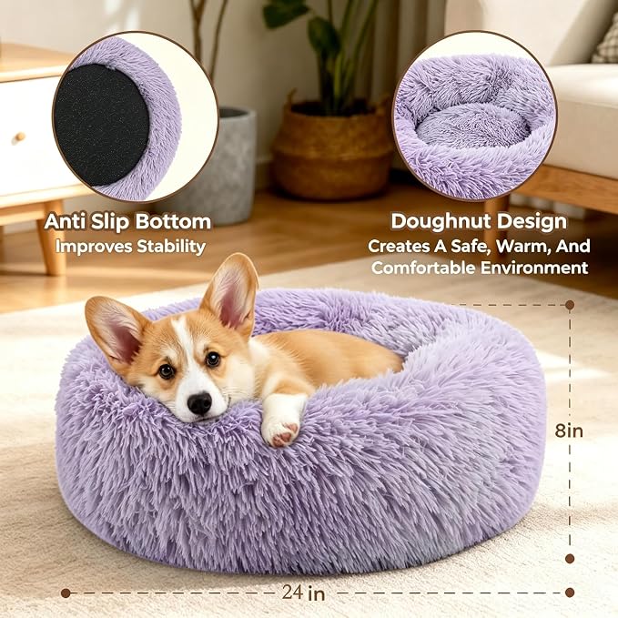 Calming Donut Dog Bed for Small Dogs, Anti-Anxiety Round Washable Plush Fluffy Faux Fur Large Cat Bed, 24 inches Fits up to 25 lbs Pets, Anti-Slip Waterproof Mute Base Purple - Image 3