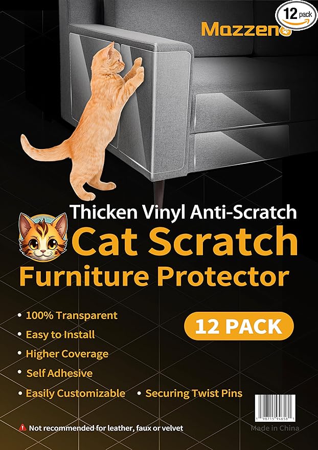Thickend Cat Scratch Couch Furniture Protector -12 Pack | Clear Plastic Sticky Cover, Anti Scratch Protection for Couches from Pet Claws by Mazzen