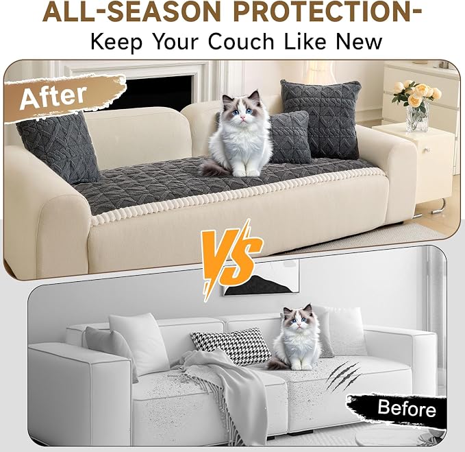 OTOB Couch Cover for Dogs Washable Pet Friendly, Non Slip Plush Fuzzy Love Seat Couch Covers Sofa Slipcovers, Geometric Jacquard Soft Pet Cushion Mat Furniture Protector (Dark Gray, 27.6" x 59.1") - Image 2