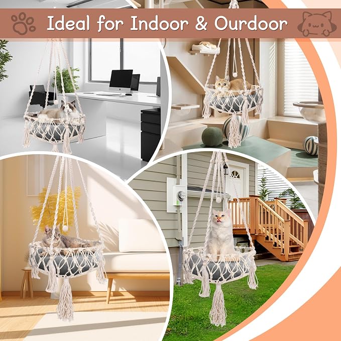 VINGVO Macrame Cat Hammock Bed, 58.27" Handwoven Pet Hanging Swing Bed with Hook for Wall, Foldable Kitten Window Perch for Indoor Outdoor Sports Playing Sleeping Climbing Lounging - Image 7