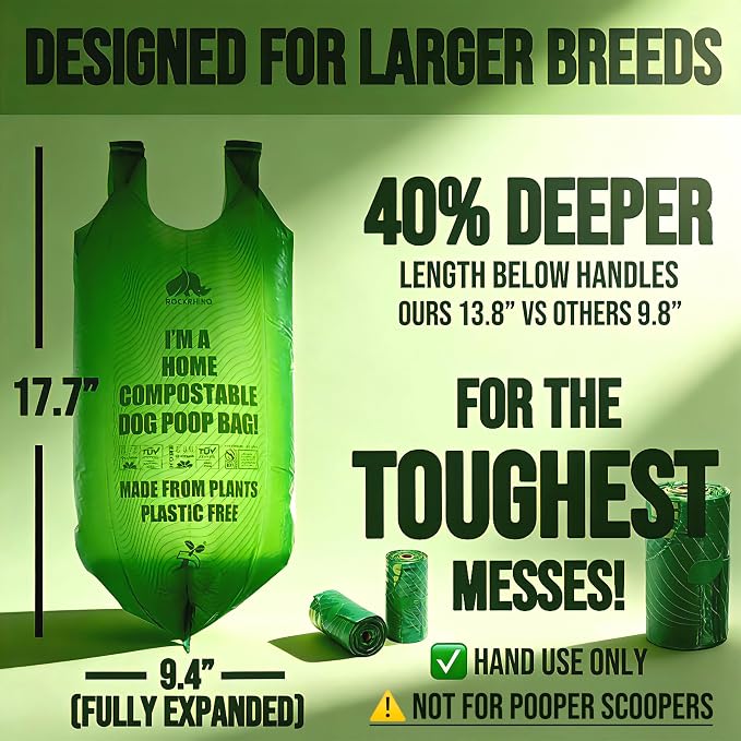 RockRhino XL Dog Poop Bags, Ultra Thick & Deep, 4-Layer Interlocked Bottom | 17.7 x 9.4'', 21+μm Thick, Certified Compostable | Easy Open Tie Handles, 150 Bags | Vanilla Scent, Fits Holder, Not Scooper - Image 3