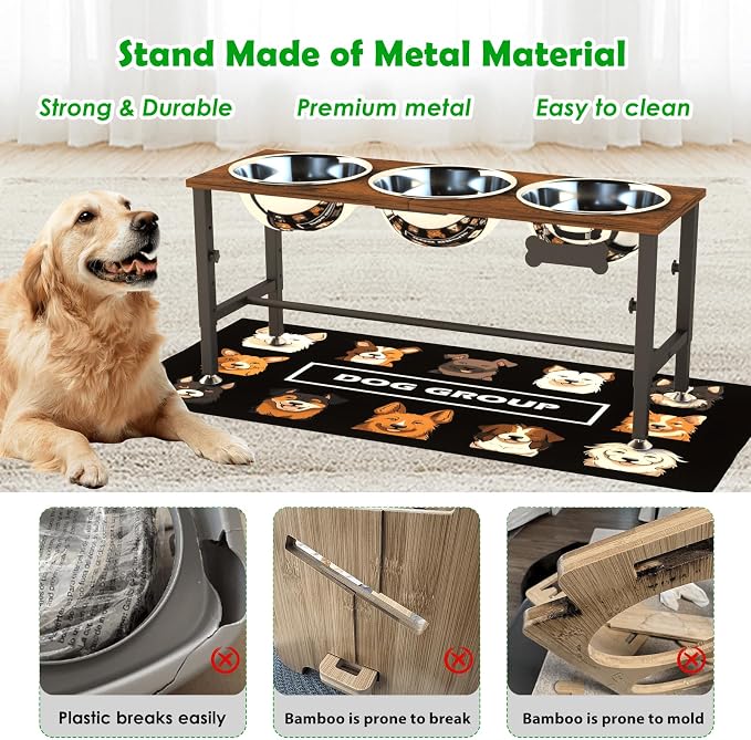 SHAINFUN Adjustable Height Elevated Dog Bowl Stand for Large & Extra Large Dogs – Wooden Raised Dog Bowls with Three 101oz Stainless Steel Bowls & Mat, Stainless Steel Food & Water Station - Image 6