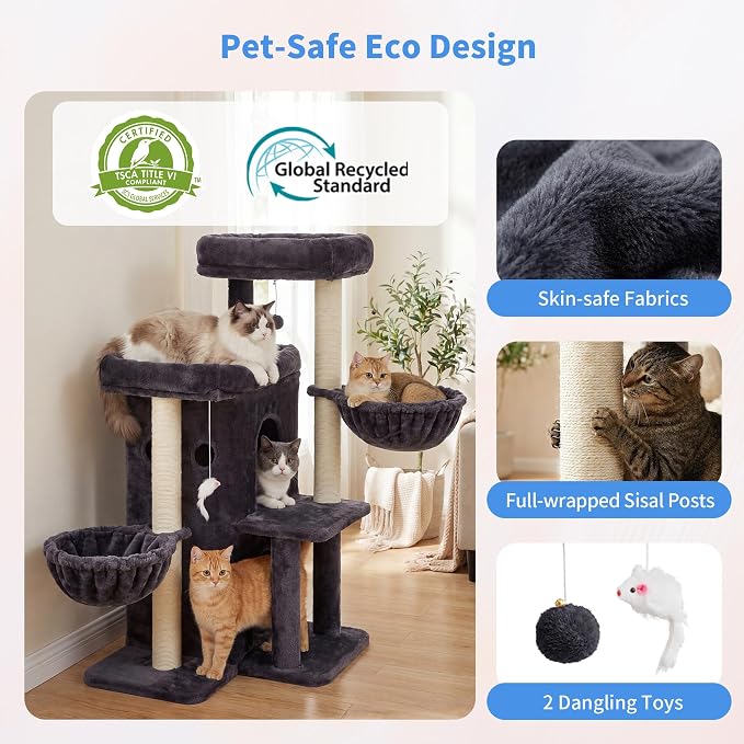 Heybly Cat Tree with Reinforced Big Base, 41.3 in Sturdy Cat Tower HCT075G | Indoor Cat Furniture Featuring 2 Roomy Platforms, Double Condos, 2 Cozy Baskets, Full Sisal Scratching Posts, Smoky Gray - Image 5