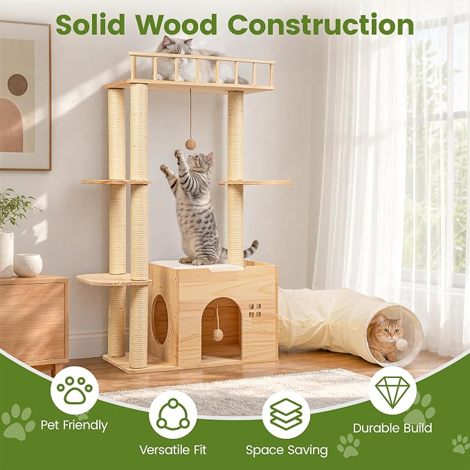45 Inch Solid Wood Cat Tree, Modern Cat Tower for Indoor Cats, Cat Condo with Single Tunnel, Sisal Scratching Posts, High Perch Platform, Washable Cushion, Hanging Balls, Natural - Image 3