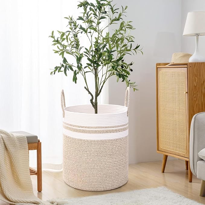Laundry Hamper for Organizing, 52L Large Laundry Baskets, Cotton Rope Woven Blanket Basket, Collapsible Laundry Hamper for Living Room, Nursery, 15"×18", Jute - Image 6