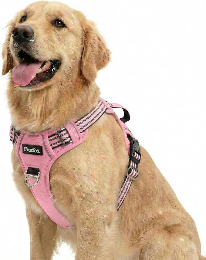 Dog Harness No Pull, Adjustable Pet Vest Harness, Super Soft Material with Vertical Handle Easy Control, Reflective Night Walking, 2 Leash Clips for Large Dogs, Pink, L by MyFUNFOX
