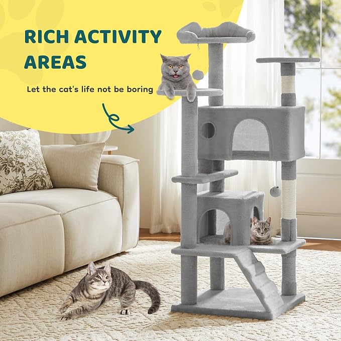 DUMOS 54 Inch Cat Tree Tower with Scratching Posts, Indoor Use | Multi-Level Pet House for Large Cats with 2 Condos, Round Platform, Small Ladder and Toys, Light Grey - Image 7