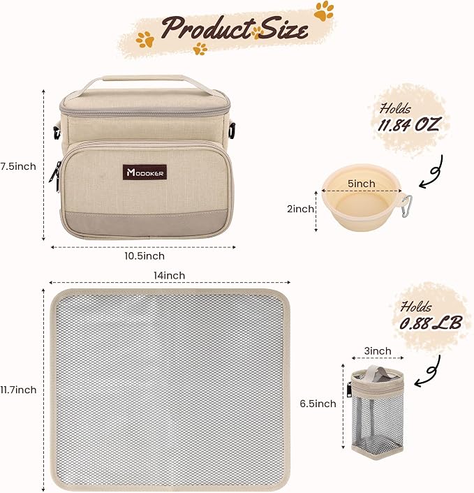 Modoker Compact Dog Travel Bag Set with 2 Bowls and Food Bags, 7.6L Beige | Under-Seat Pet Travel Organizer with 2 Food Bags, 2 Collapsible Bowls, Feeding Mat, Multiple Pockets and Adjustable Flap - Image 3