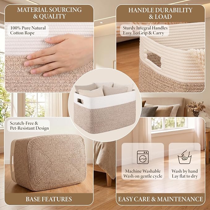 96L XL Large Cotton Rope Basket, Soft Toy Storage Bin for Nursery & Living Room, Decorative Blanket Basket for Bedroom, Baby-Safe Organizer for Pillows &Laundry, 24''×16''×15'', Brown & White - Image 3
