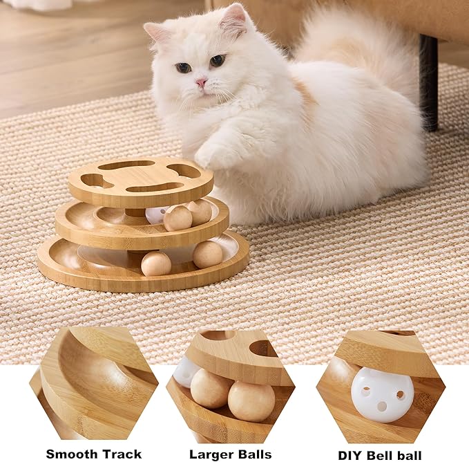 ZOMISIA Cat Ball Track Toy with Puzzle Top, Wooden Cat Toys for Indoor Cats | Interactive Spinning Balls, Large Cat Ball Tower for Kitten Exercise Mental Stimulation Self Play Home Enrichment - Image 4