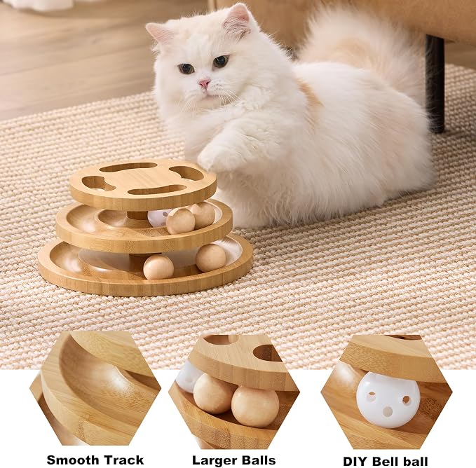 ZOMISIA Cat Ball Track Toy with Puzzle Top, Wooden Cat Toys for Indoor Cats | Interactive Kitty Ball Tower with Spinning Balls, DIY Bell, For Kitten Exercise Mental Stimulation Self Play Home Enrichment - Image 4