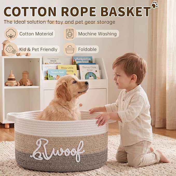 OIAHOMY 22L Large Dog Toy Basket, 16.5"x11.4"x9" Cotton Rope Basket with Cute Woof Embroidery, Soft Woven Pet Toy Box with Handles for Blankets, Leashes & Puppy Accessories, Decorative Organizer Brown - Image 6