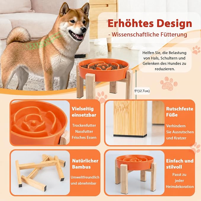 Elevated Slow Feeder Dog Bowl, 8.8" Ceramic Maze Dog Bowl with Stand | 3.2 Cups Slow Feeding Dog Dish for Fast Eaters, 7" Tall Anti-Slip Raised Slow Feeder for Medium to Large Breeds, Orange - Image 4